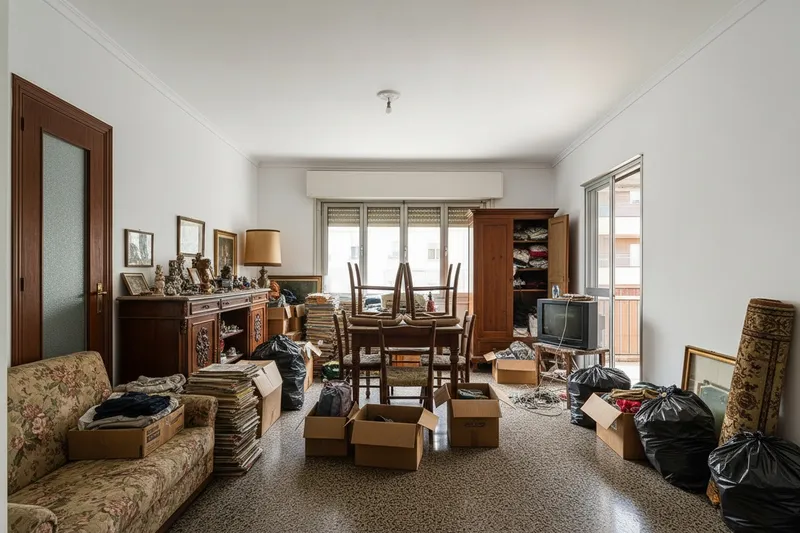 Salón de un piso antiguo lleno de muebles, cajas y bolsas antes del vaciado